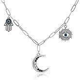 MUNORIAY Evil Eye Hand of Fatima Crescent Moon Necklace Stainless Steel Cubic Zirconia Trendy Punk Hamsa Hand Moon Turkish Evil Eye Pendant Necklaces Amulet Jewelry for Women Men Hanukkah Eid Ramadan Gifts