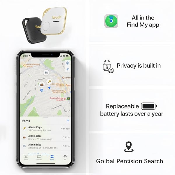 NUTALE AIRPRO KEY FINDER TAG (IOS ONLY), BLUETOOTH TRACKER ITEM LOCATOR WITH KEY CHAIN FOR KEYS PET WALLETS OR BACKPACKS AND TABLETS BATTERIES INCLUDE COMPATIBLE WITH FINDMY APP (WHITE&BLACK, 4 PACK)
