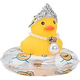 wonuu Car Duck Decoration Dashboard Ornament for Dashboard Decoration Rubber Accessories with Pearl Necklace Crown Mini Swim Ring and Sunglasses