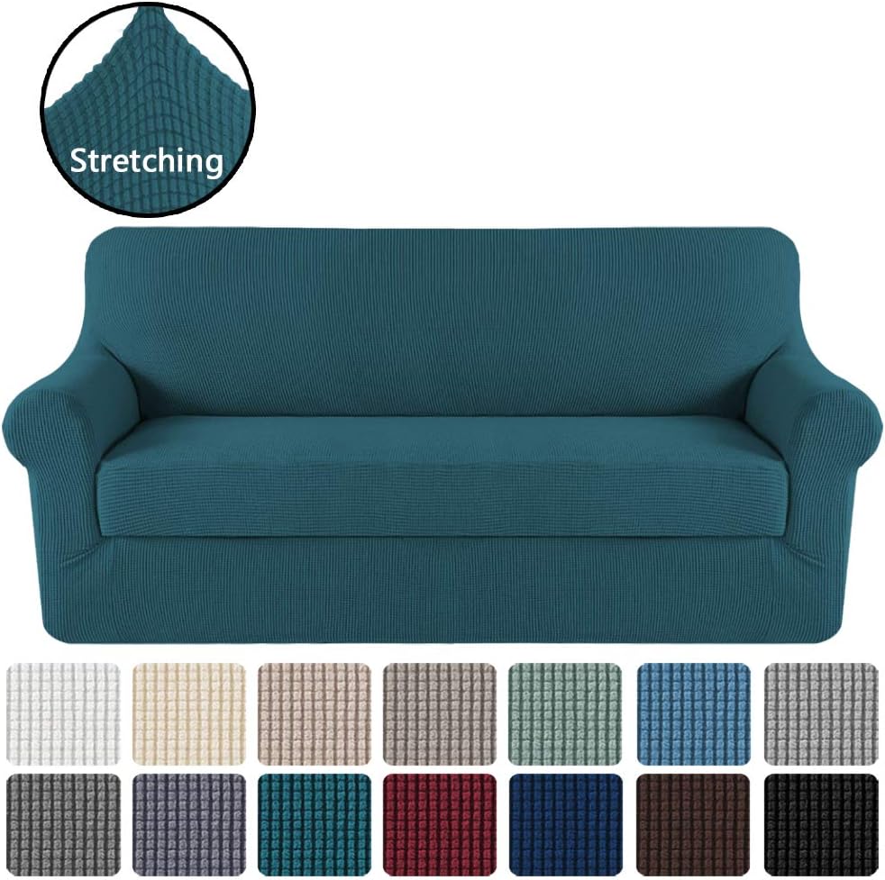 H.VERSAILTEX Stretch Sofa Covers 2 Piece for 3 Cushion Couch Covers Sofa Slipcovers Furniture Covers (Base Cover & Seat Cushion Cover) Feature Deluxe Textured Jacquard (Standard Sofa, Sand): Kitchen & Dining