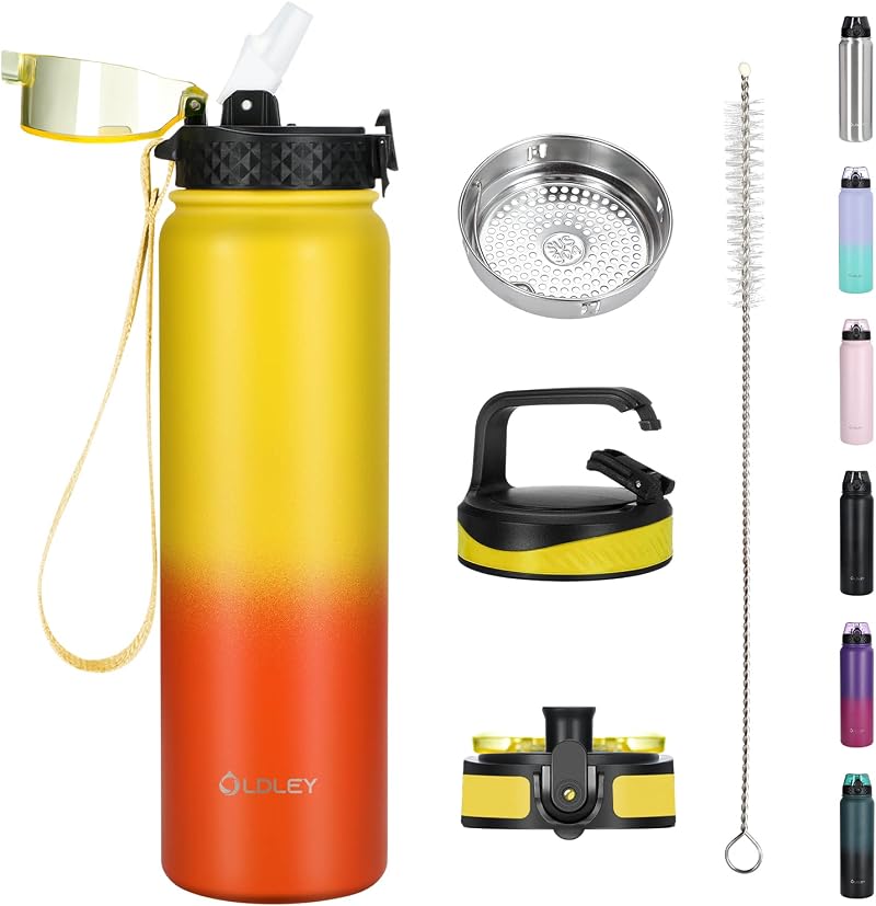 OLDLEY 1L Stainless Steel Water Bottle with 3 Lids Vacuum Insulated