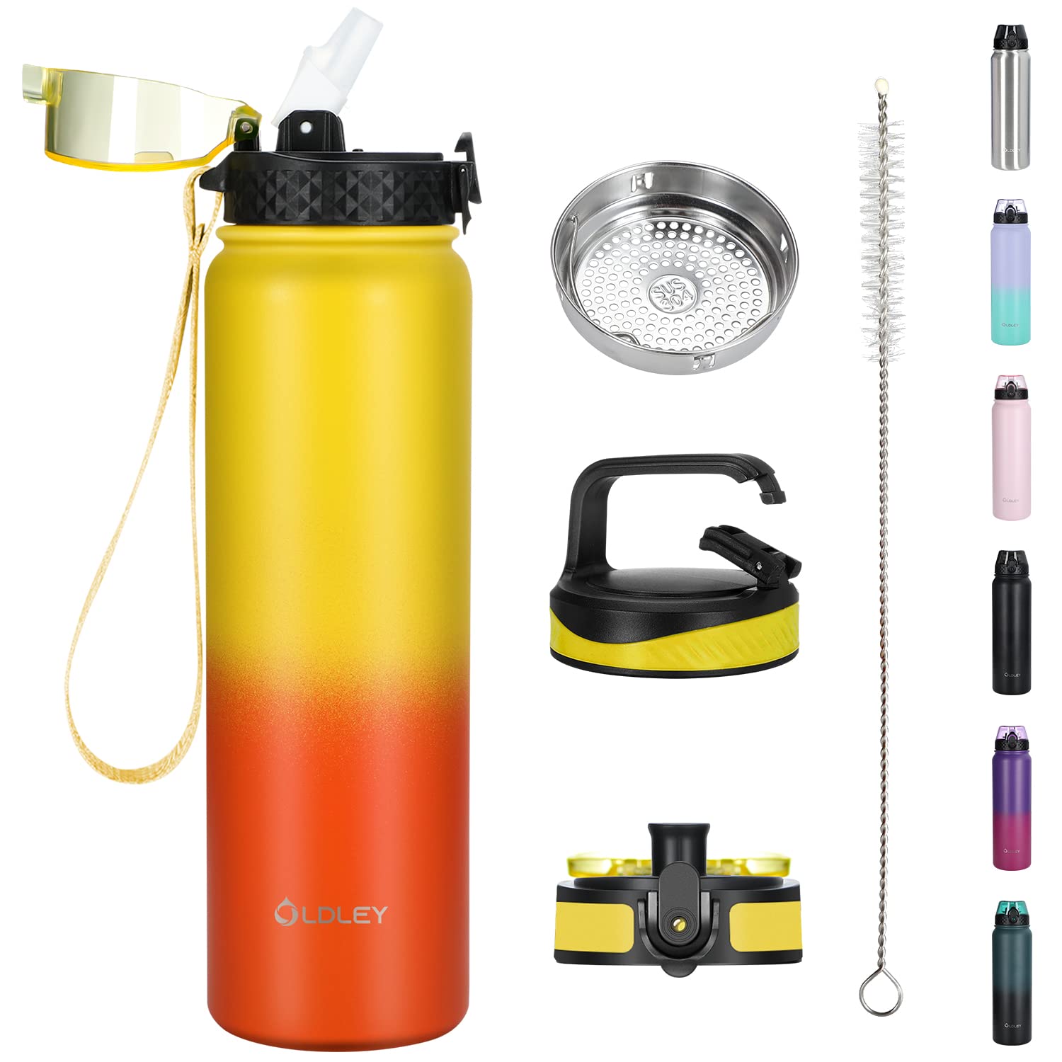 OLDLEY Stainless Steel Water Bottle with Straw 1L Vaccum Insulated Large Drink Flask Metal Water Bottles Leakproof Keep Drinks Hot Cold for Sports Gym Travel with Different Lids(Yellow Orange, 3 Lids)
