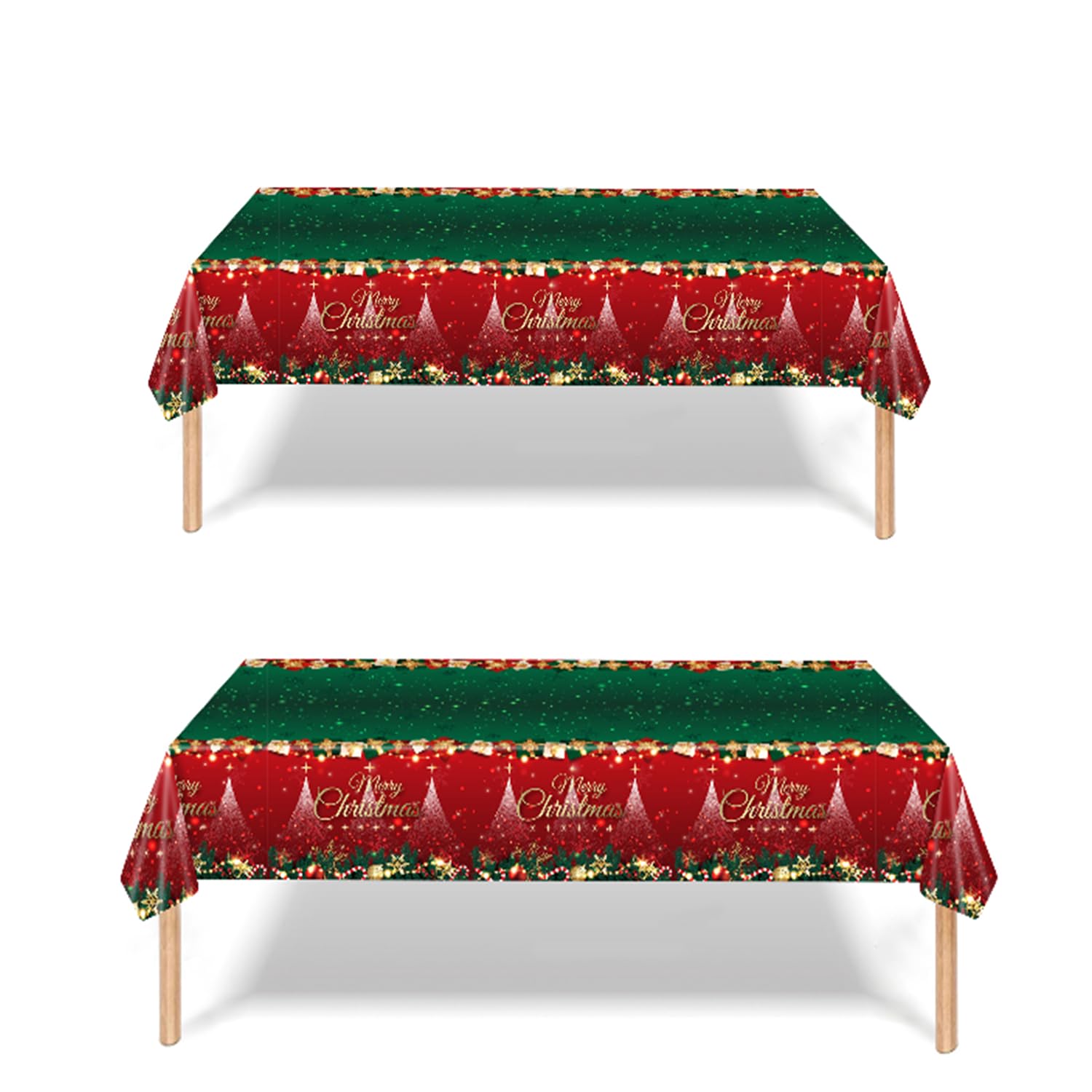 2 Pack Christmas Table Cloth, 137x274cm Rectangle Large Plastic Green Tablecloth Holly Santa Party Tableware Decorations, Xmas Tablecovers for Winter Holiday Xmas Party Dinner Table Cloths