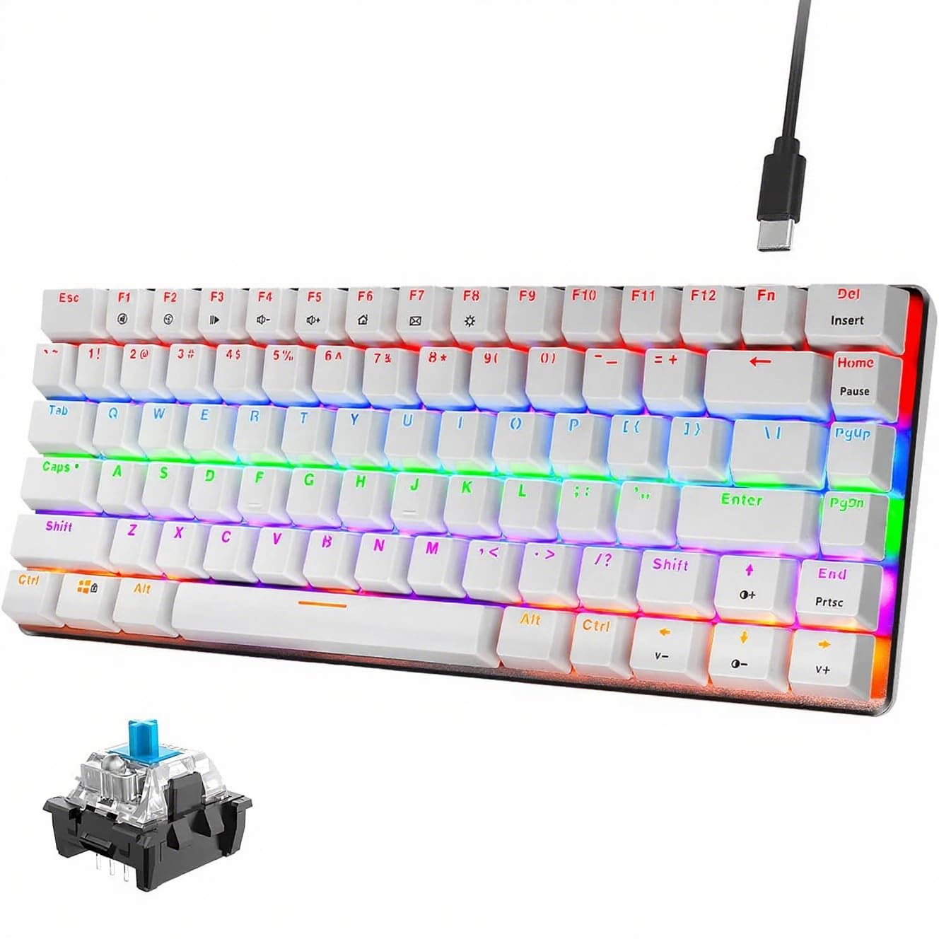 Hoopond Mechanical Keyboard, AK33 Rainbow LED Backlit USB Cable Gaming Mechanical Keyboard, 82-key Compact Mechanical Gaming Keyboard with Anti-ghosting Keys for Gamers & Typists(Blue switch, White)