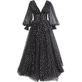 GARDOM Sparkly Starry Tulle Prom Dresses with Sleeves for Teens Long Puffy Sleeve Ball Gown Formal Evening Gown Pockets