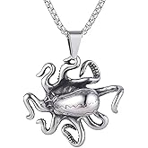 Men's and Women's Gothic Punk Ocean Animal Octopus Pendant Necklace,316L Stainless Steel,Silver Stainless Steel Square Pearl Chain,Vintage Amulet Jewelry