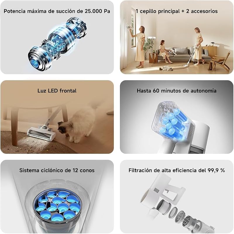 Aspiradora inalámbrica G20, 25 kPa / 150 AW, 60 min de autonomía, filtración 99.9%, con luz Frontal para detección de Polvo, Ideal para Suelos Duros, alfombras y Pelo de Mascotas, White