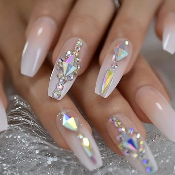 NYJNN Uñas postizas Uñas lujosas personalizadas decoración de piedra grande puntas de uñas decoradas con forma de ataúd helado de Ober de acuerdo con el pegamento natural en las uñas: Amazon.es: Belleza