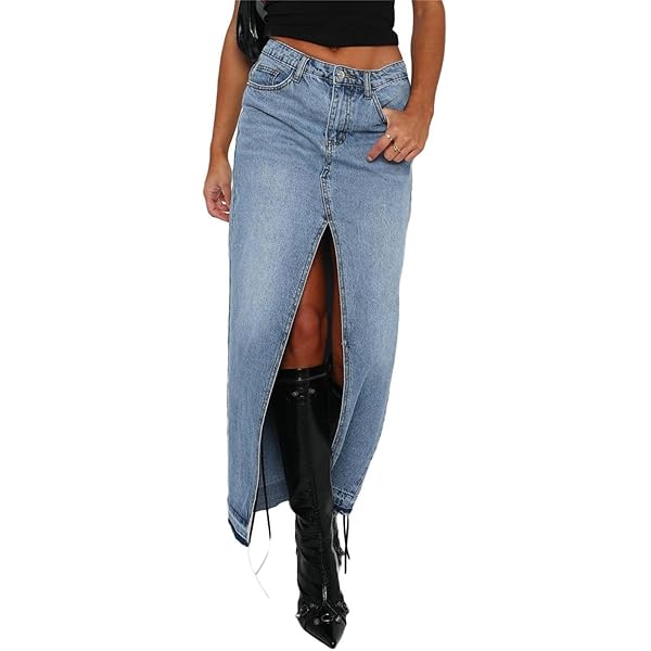 Amazon.com: Women High Waist Denim Maxi Skirt Split Thigh