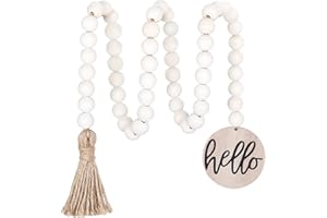 Meplait Hello Wooden Bead Garland with Tassel, Decorative Beads Home Decor Farmhouse Tassel Garland Boho Decor for Tiered Tray（38in）