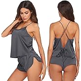 Ekouaer Silk Pajamas Set for Women Satin Backless Lingerie Pjs Cami Top and Shorts Nightwear