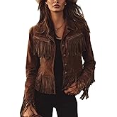 RISCUYY Fringe Jacket Women Faux Suede Vintage Cowgirl Style Tassel Button Up Long Sleeve Lapel Womens Western Jacket 2026