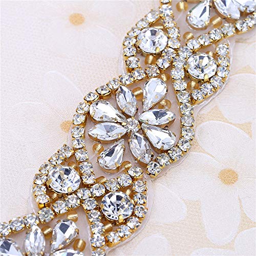 FANGZHIDI Bridal Rhinestone Appliques, 23.4 Inches Gold Beaded Patches with Sparkle Clear Crystal Stone and Pearls- Best for DIY on Wedding Dress, Sew on or Iron on Bridal Belt Sash, Wedding Cake