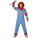 VIIOMUYE Unisex Adult Chucky Costume 8 Piece Halloween Party Cosplay Outfit | Colorful striped top pairs with adjustable overalls prop knife and five scar tattoos for a complete detailed horror doll look