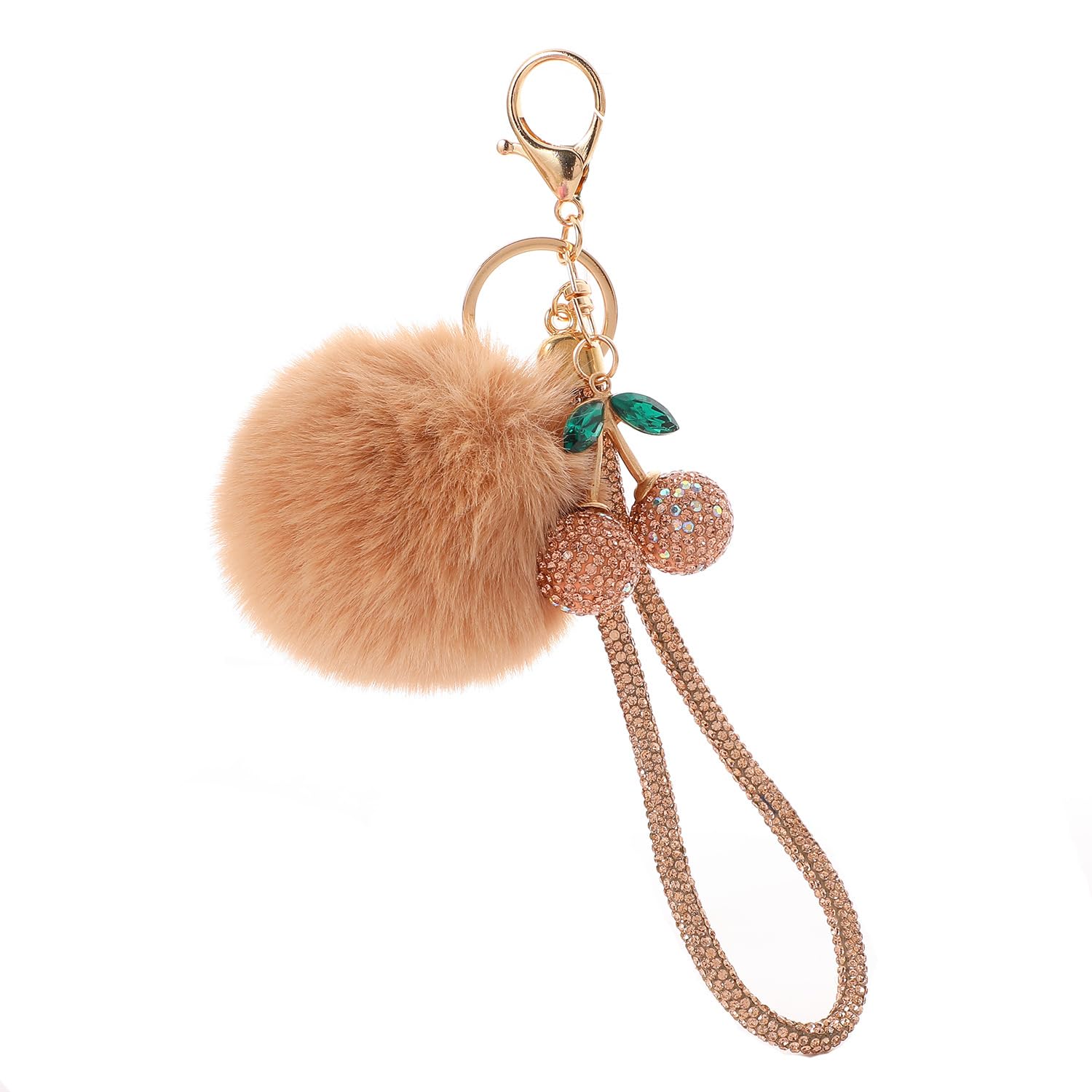 Photo 1 of Furry Pom Pom Keychain with Rhinestone Cherry Charm - Multi-Color Bling Keyring for Bags, Keys, & Decor-Champagne