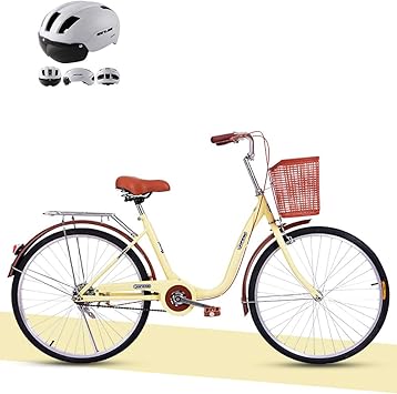 Amazon コンフォートシティバイク レディースバイク24インチクルーザー コミューターバイク バスケットとベル付き 女の子 用とレディース用の軽量炭素鋼自転車 ベージュ Guol シティー ファミリーサイクル