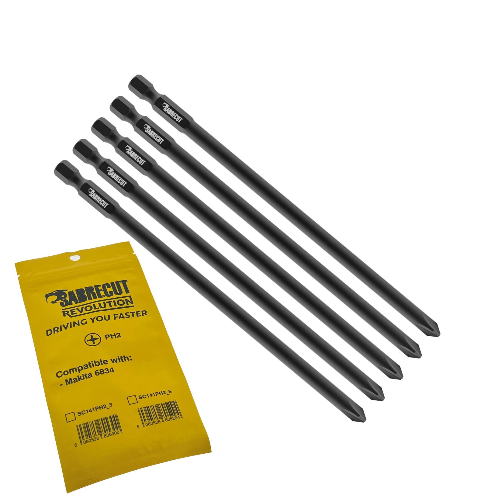 5 x SabreCut SC141PH2_5 141mm PH2 Compatible with Makita 6834 P-66254 Autofeed Collated Drywall Screwdriver Gun Bit Single Ended Phillips No.2 Heavy Duty