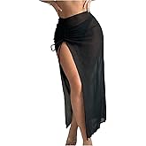 WDIRARA Women's Sheer Cover Ups Drawstring Side Split Beach Skirt Swimsuit Coverup
