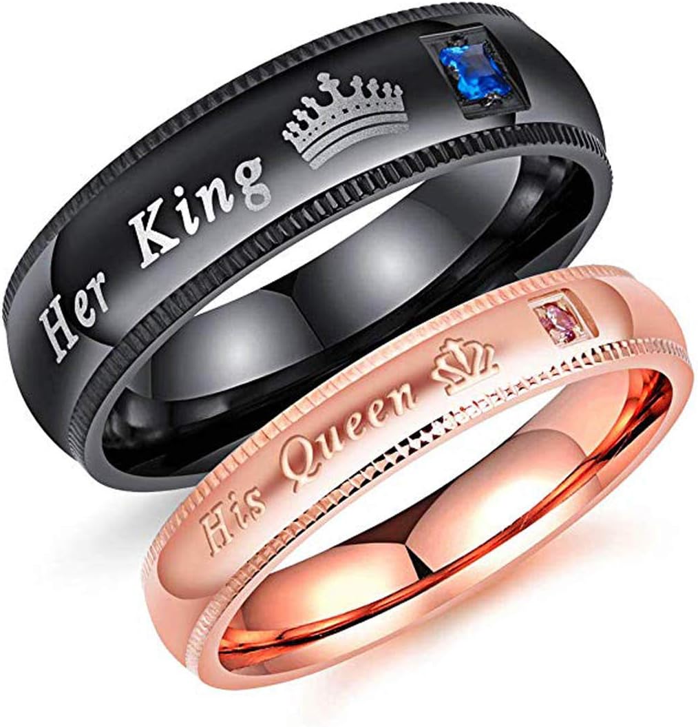 2Pcs Matching Set Stainless Her Queen & His King Black/Rose Gold Couple Rings Bands, Love Gift