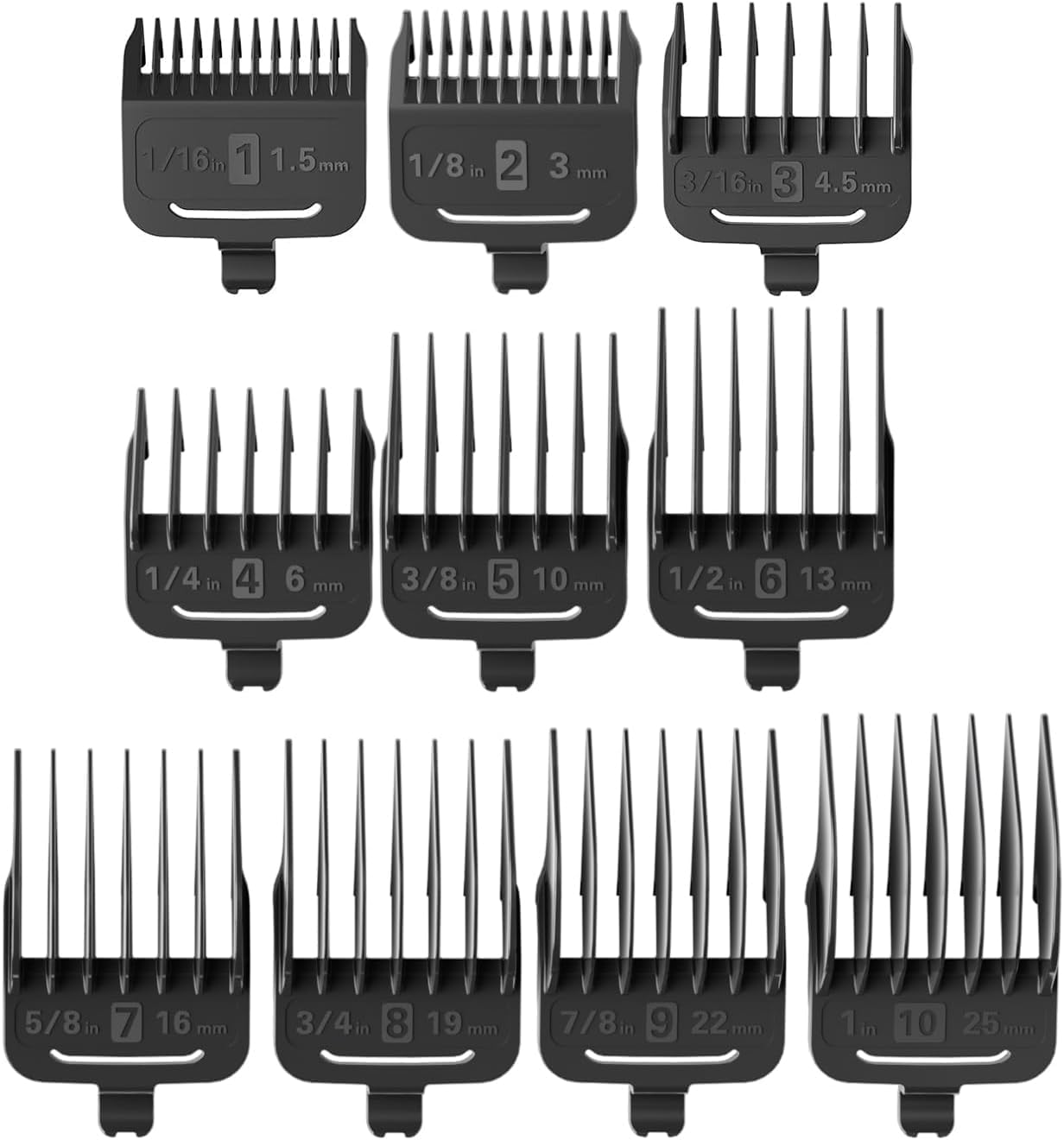 Oneisall 10Pcs Attachment Guide Comb Guards Dog Clippers RFC-676#1-#8, 1.5mm/3/mm/4.5mm/6mm/10mm/13mm/16mm/19mm/22mm/25mm Cut Length, Black