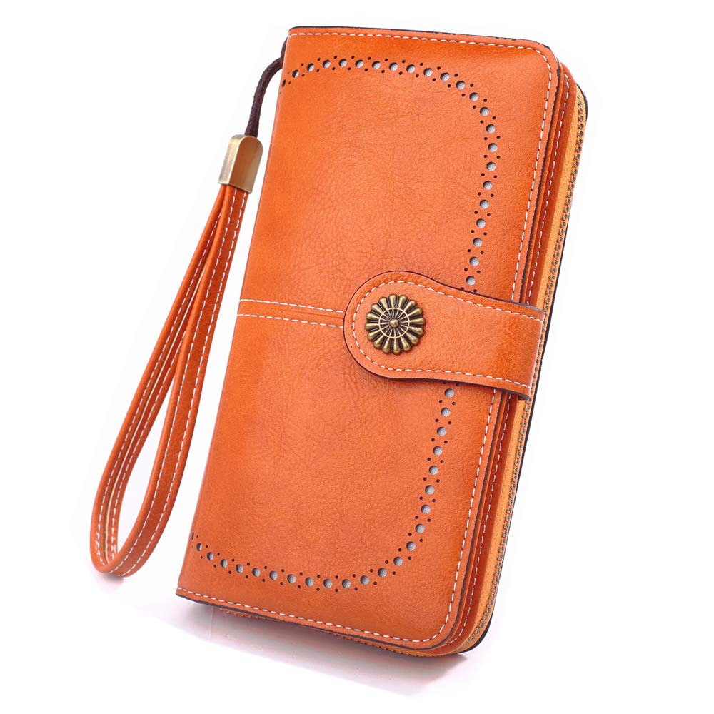 MEEGIRL Leather Purses for Women with Multi Card Slots and Wrist Strap (Orange)
