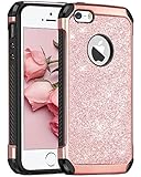 iPhone SE Case, iPhone 5S Case, BENTOBEN iPhone 5 Case 2 In 1 Glitter Bling Hybrid Hard PC Cover Coat Shiny Faux Leather Shockproof TPU Bumper Protective Phone Case for Girls iPhone 5S/SE/5, Rose Gold