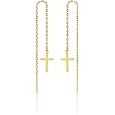 Sterling Silver Earrings Cross Threader for Women | Minimalist Chain Earrings Double Piercings | Dangle Earrings (Gold-plated sterling silver)
