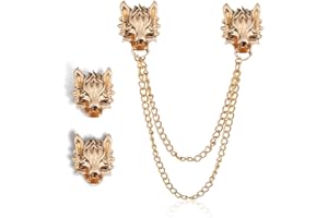 YOOESTORES82 2PCS Wolf Head Long Collar Chain Brooch.Gold Silver Chain Tassel Brooch Pin,Punk Cool Animal Head Collar Coat Pin for Men's Suits Shirt Pin
