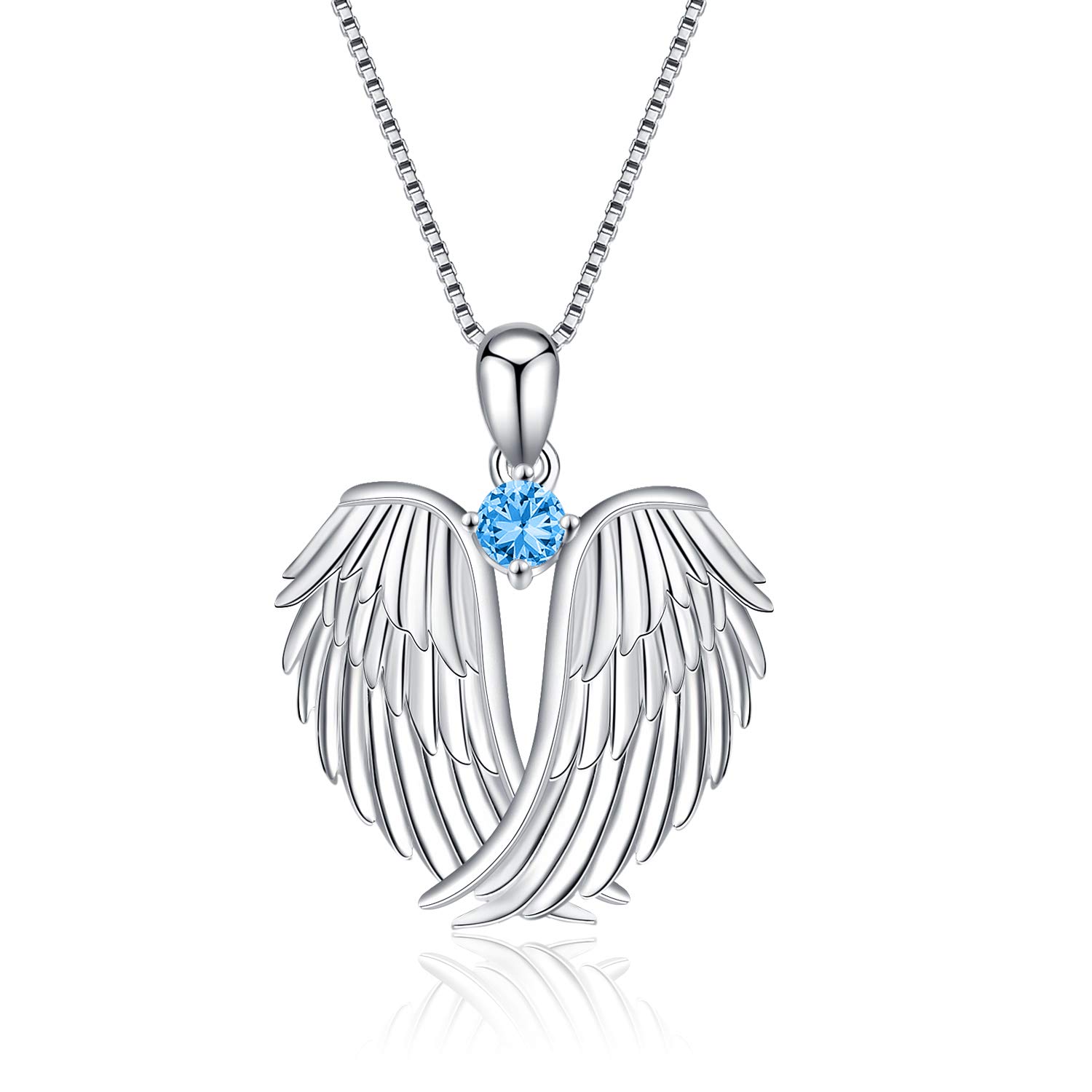 VONALA Guardian Angel Wings Necklace Sterling Silver Pendant with Sparkle Cubic Zirconia Jewellery For Women Girls Birthday Gift Birhstone March