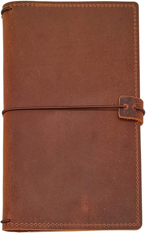 Travelers Notebook Cover with 4 Elastics, Inner Pocket + Card Sleeve, Distressed Brown Genuine Leather, Standard Size
