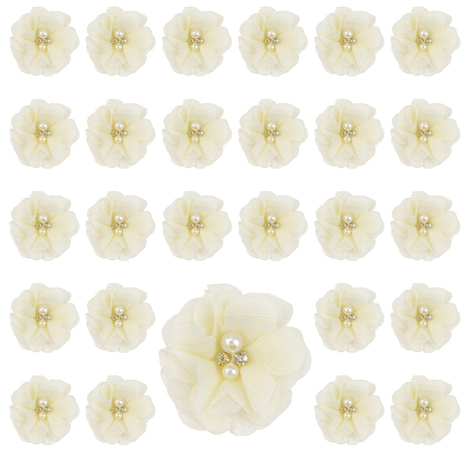 URROMA Chiffon Fabric Flowers for Crafts, 30 Pcs Beige Pearl Flower Appliques for Clothes Sew On Fabric Flowers for Headbands DIY Craft Accessories