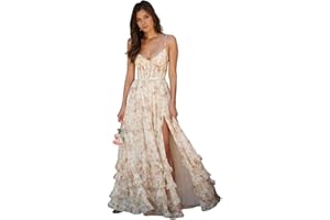 seezom Floral Printed Chiffon Prom Dress with Silt Spaghetti Straps Ball Gown Ruffle Hem Long Formal Evening Party Dress