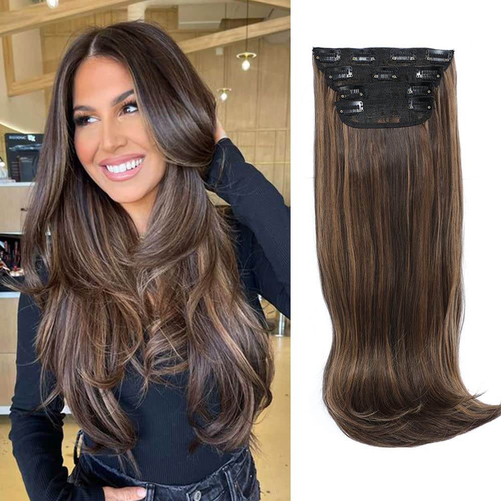 Hair Extensions Clip in 4pcs Light Chocolate with Highlights Hair Extension Synthetic Long Straight Thick Full Head Wavy Hair Pieces for Women… — image 1