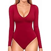 MANGOPOP Long Sleeve V Neck Bodysuits for Women Double Lined Sexy Going Out Tops Body Suit Shirts