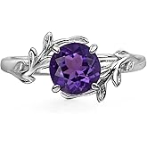 LUO 925 Sterling Silver Rings 7MM Round Shaped Gemstone Engagement Rings with Leaf Design Promise Rings for Her Birthday Christmas Valentine's Day Jewelry Size 3-13