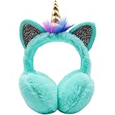 Cute Rainbow Unicorn Earmuffs for Women Kids Girls, Foldable Warm Soft Plush Comfortable Outdoor Winter Ear Warmers