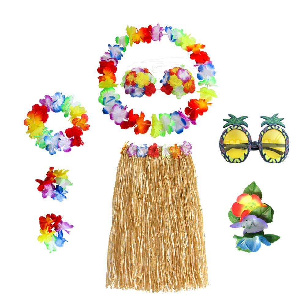 SoftcuteLee Hawaiian Garlands Hula Skirt Costume Accessory Kit Hula Grass Skirt Lei Flower Lei Luau Garland Pineapple Glasses Necklace Costume Fancy Dress for Women Novelty Luau Skirts Party - 8PCS