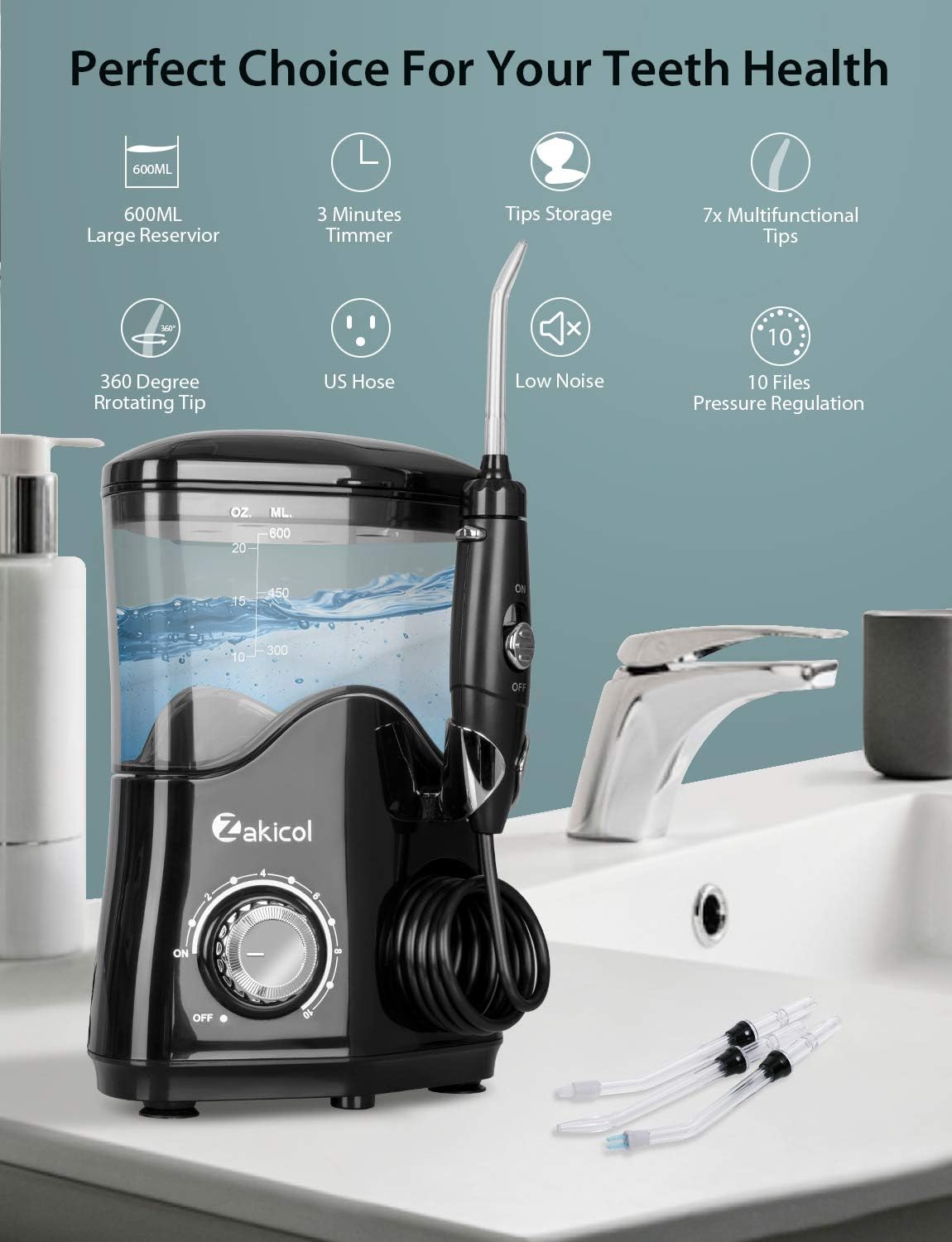 Zakicol Professional Water Flosser for Teeth/Braces, 600ml Countertop Dental Oral Irrigator Anti Leak, Electric Oral Floss Teeth Cleaner, 10 Adjustable Pressure, 7 Multifunctional Jet Tips for Family: Health & Personal Care