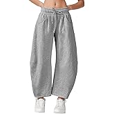 Wyeysyt Women's Barrel Leg Sweatpants Elastic Waistband Drawstring Wide Leg Pants Baggy Cotton Palazzo Pants with Pockets