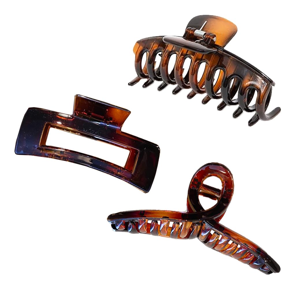 3 Pcs Hair Clips Women Brown Hair Claw Clips Set Tortoise Shell Grip Dark Brown Hair Clips for Women Girls Thick Thin Curly Straight Long Hair