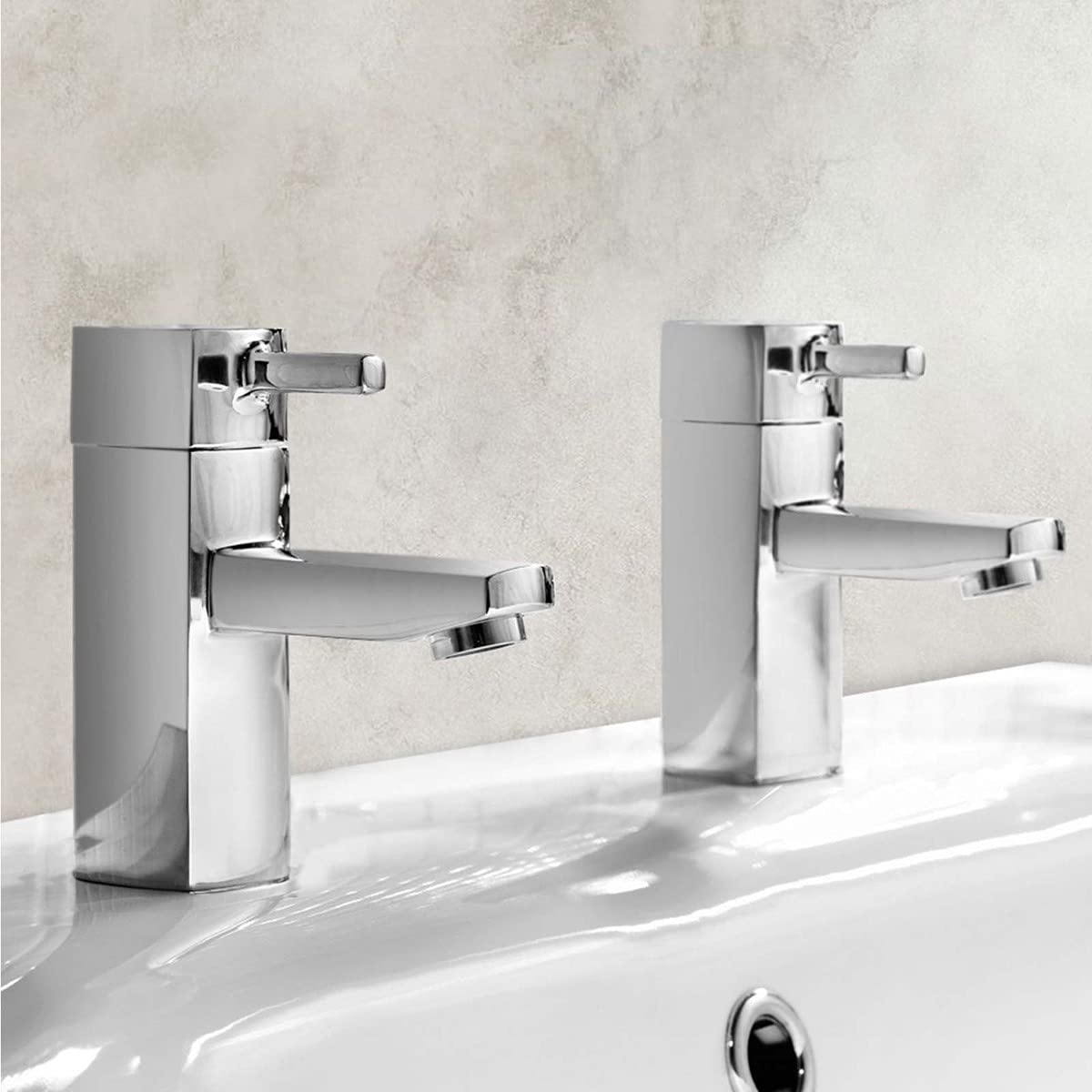 NESHOME | Boston Modern Bathroom Square Hot & Cold Pair Basin Taps Brass Stick Lever Handles Chrome