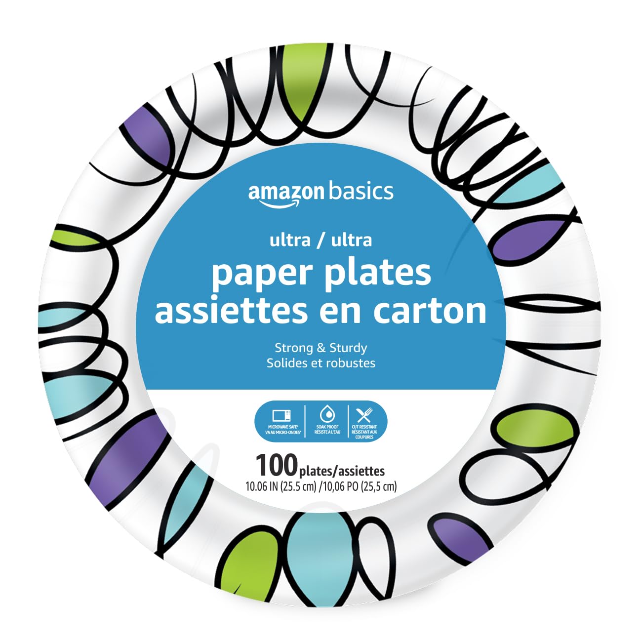 Amazon Basics Ultra Paper Plates, 10 Inch, Disposable, 100 Count, Packaging May Vary