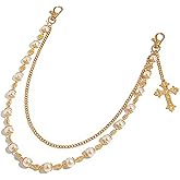 Layered Pearl Cross Pants Chains - Exquisite Gold Jean Pocket Chain Rhinestone Flower Chain for Women Men, Cute Bag Purse Charms Jewelry