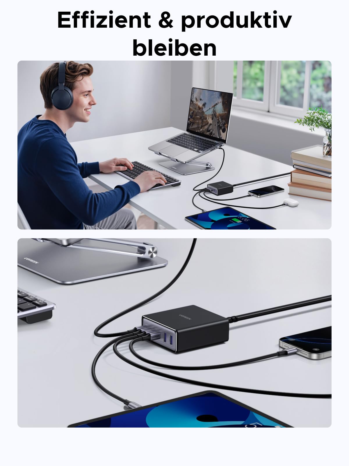 UGREEN 100W USB C Ladegerät 6-Port Ladestation 65W GaN Netzteil PPS Schnellladegerät Mehrfach kompatibel mit MacBook Pro/Air, iPhone 17-8 Serien, Galaxy S25, S24, A15, Pixel 9, iPads 8
