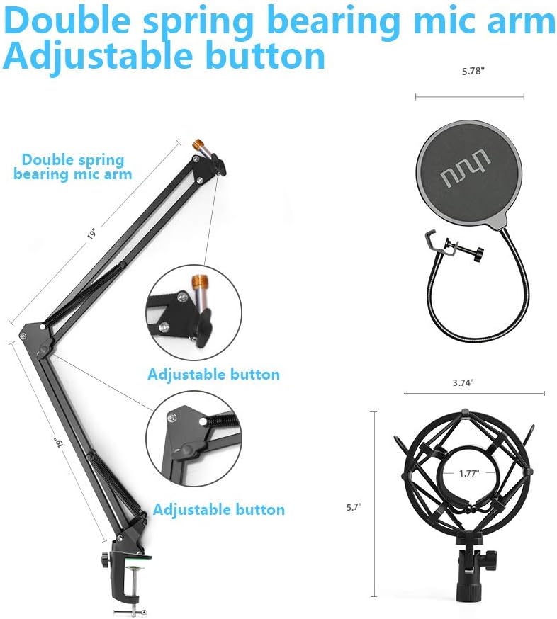 USB Podcast Condenser Microphone 192kHZ/24bit, UHURU Professional PC Streaming Cardioid Microphone Kit with Boom Arm, Shock Mount, Pop Filter and Windscreen, for Broadcasting, Recording, YouTube: Home Audio & Theater