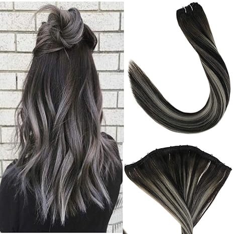 Laavoo 16 Ez Weft Une Piece 50grammes Real Humaine Microbead Weave Bresilien Tissage Balayage Noir Naturel Avec Gris Argenté Cheveux à La Mode