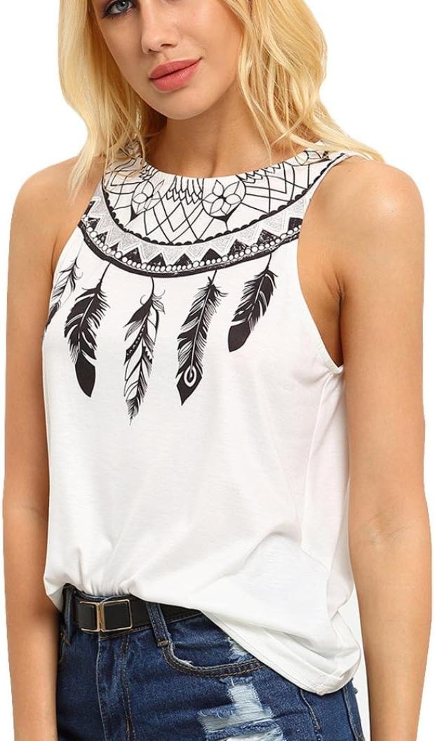 Clearance Deals ! Sleeveless Vest,Beautyvan Women Casual Summer Sleeveless Feather Printed Blouse Vest T Shirt