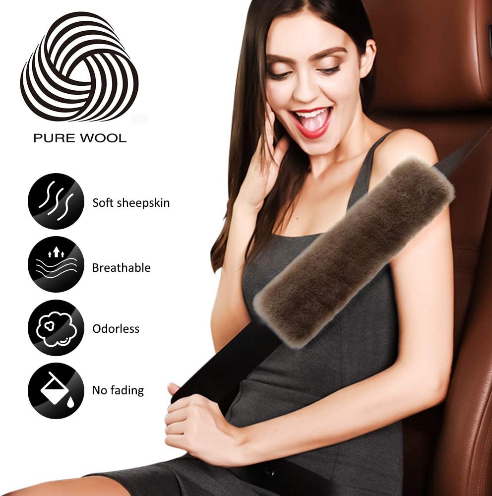 HINATAA 100% Natural Authentic Australia Merino Wool Auto Seat Belt Pad, Sheepskin Car Seat Belt Cover for Adults Youth Kids Distracting Chafing From Car Seat Belts (Brown)