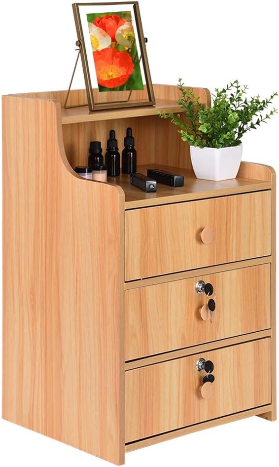 Shotbow Chairside End Table, End Table with 3 Drawer and Shelf Bedroom Nightstand Coffee Table with Lock Cabinet Beauty Walnut Color Narrow Home Furniture for Living Room , Ship from US (Yellow)