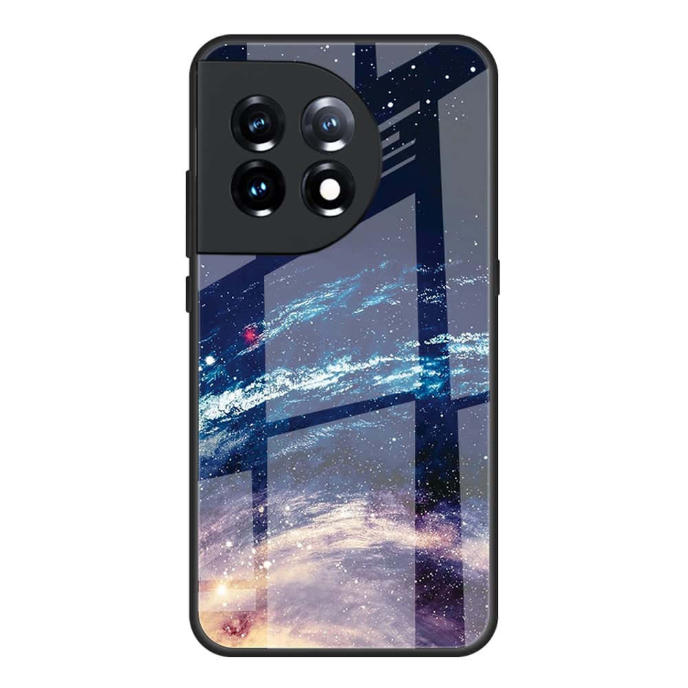 DEDUX Case for OnePlus 11, Moon Starry Sky Tempered Glass Back Case + Shockproof Silicone Tpu Frame Protective Phone Case Cover. Cosmic Stars